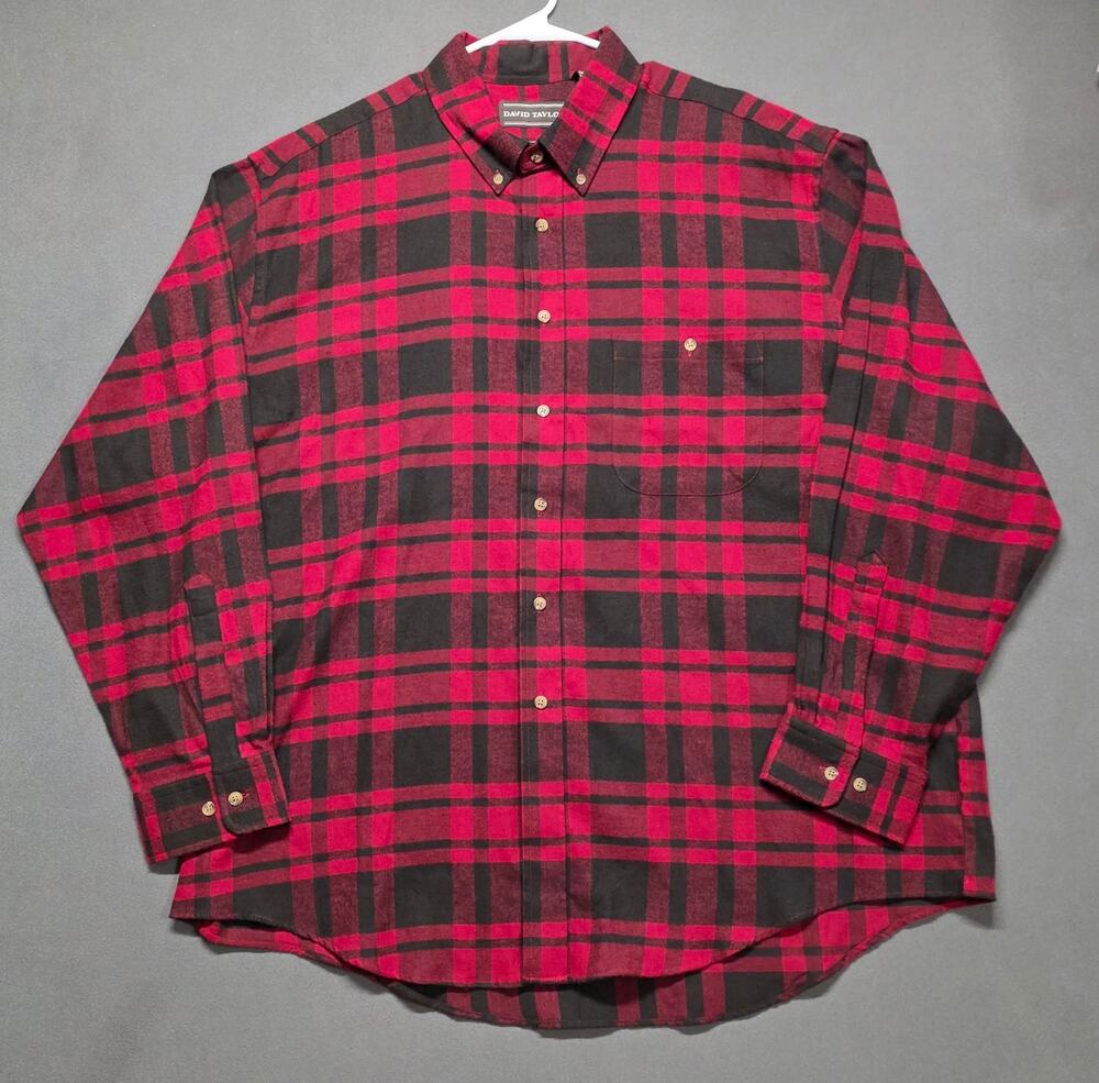 David Taylor Mens 2X Cotton Flannel Shirt Red Black Plaid Button-up Lumberjack